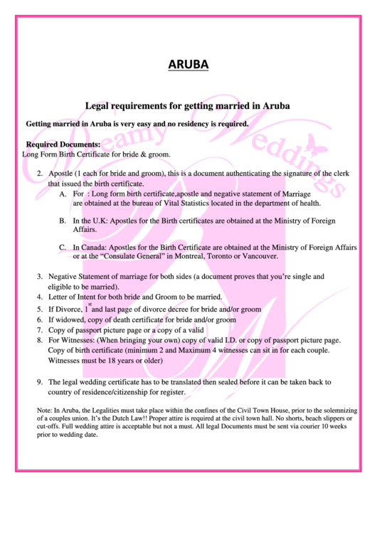 Aruba - Legal Requirements For Getting Married In Aruba Printable pdf