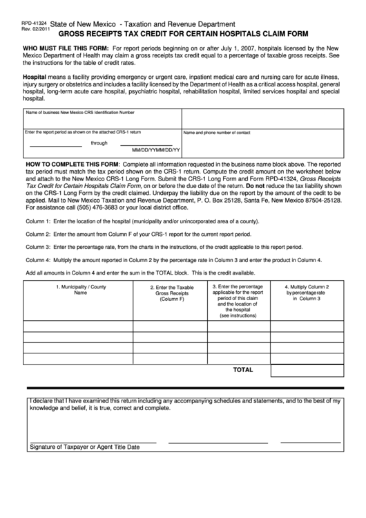 Form Rpd-41324 - Gross Receipts Tax Credit For Certain Hospitals Claim Form - State Of New Mexico Taxation And Revenue Department Printable pdf