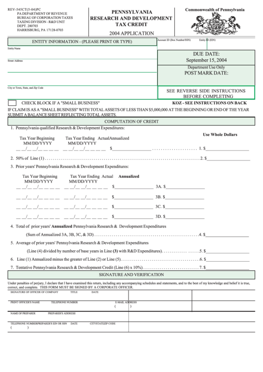 Form Rev-545ct - Pennsylvania Research And Development Tax Credit - 2004 Printable pdf