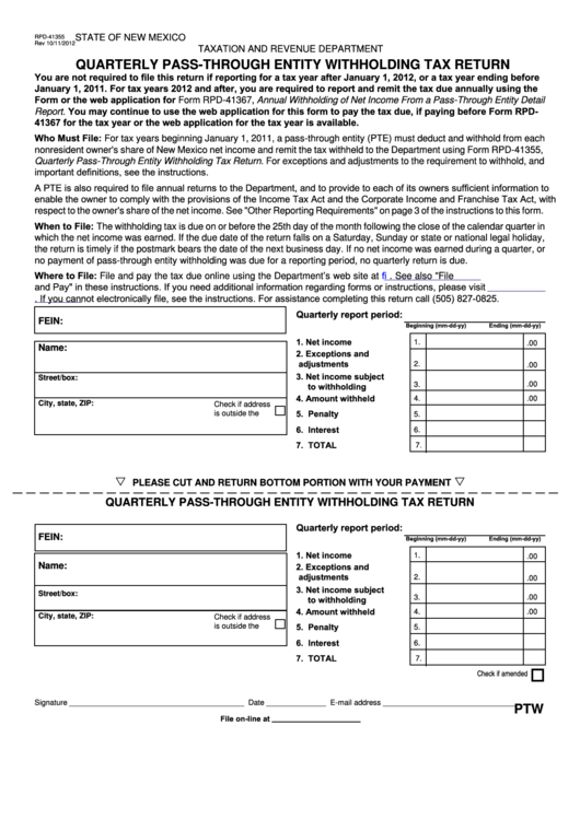 Form Rpd-41355 - Quarterly Pass-Through Entity Withholding Tax Return - State Of New Mexico Taxation And Revenue Department Printable pdf