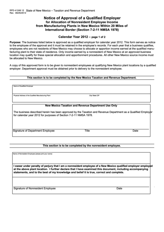 Form Rpd-41249 12 - Notice Of Approval Of A Qualified Employer - State Of New Mexico Taxation And Revenue Department Printable pdf