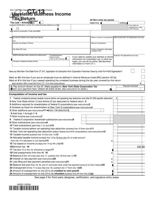 Form Ct-13 - Unrelated Business Income Tax Return - New York State Department Of Taxation And Finance - 2012 Printable pdf