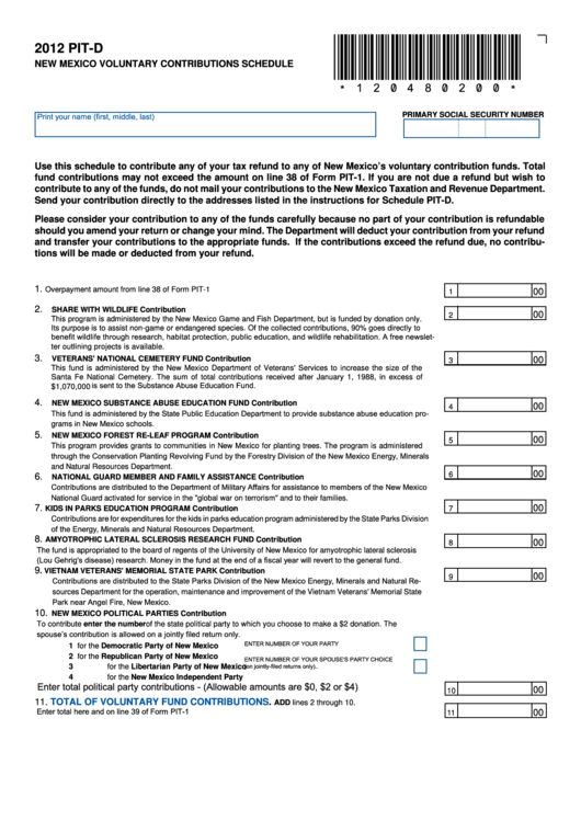 Form Pit-D - New Mexico Voluntary Contributions Shedule - 2012 Printable pdf