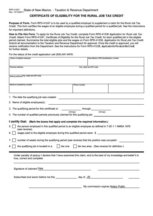 Form Rpd-41247 - Certificate Of Eligibility For The Rural Job Tax Credit - State Of New Mexico Taxation And Revenue Department Printable pdf