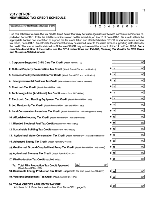 Form Cit-Cr - New Mexico Tax Credit Shedule - 2012 Printable pdf