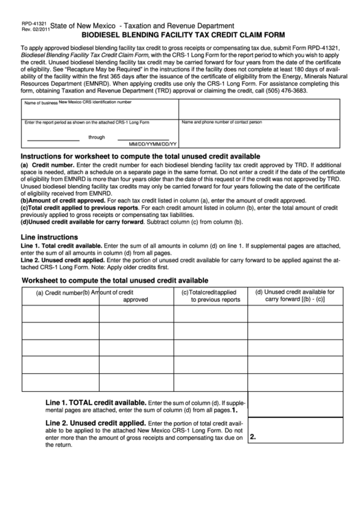 Form Rpd-41321 - Biodiesel Blending Facility Tax Credit Claim Form - State Of New Mexico Taxation And Revenue Department Printable pdf