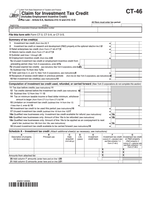 Form Ct-46 - Claim For Investment Tax Credit - New York State Department Of Taxation And Finance - 2012 Printable pdf