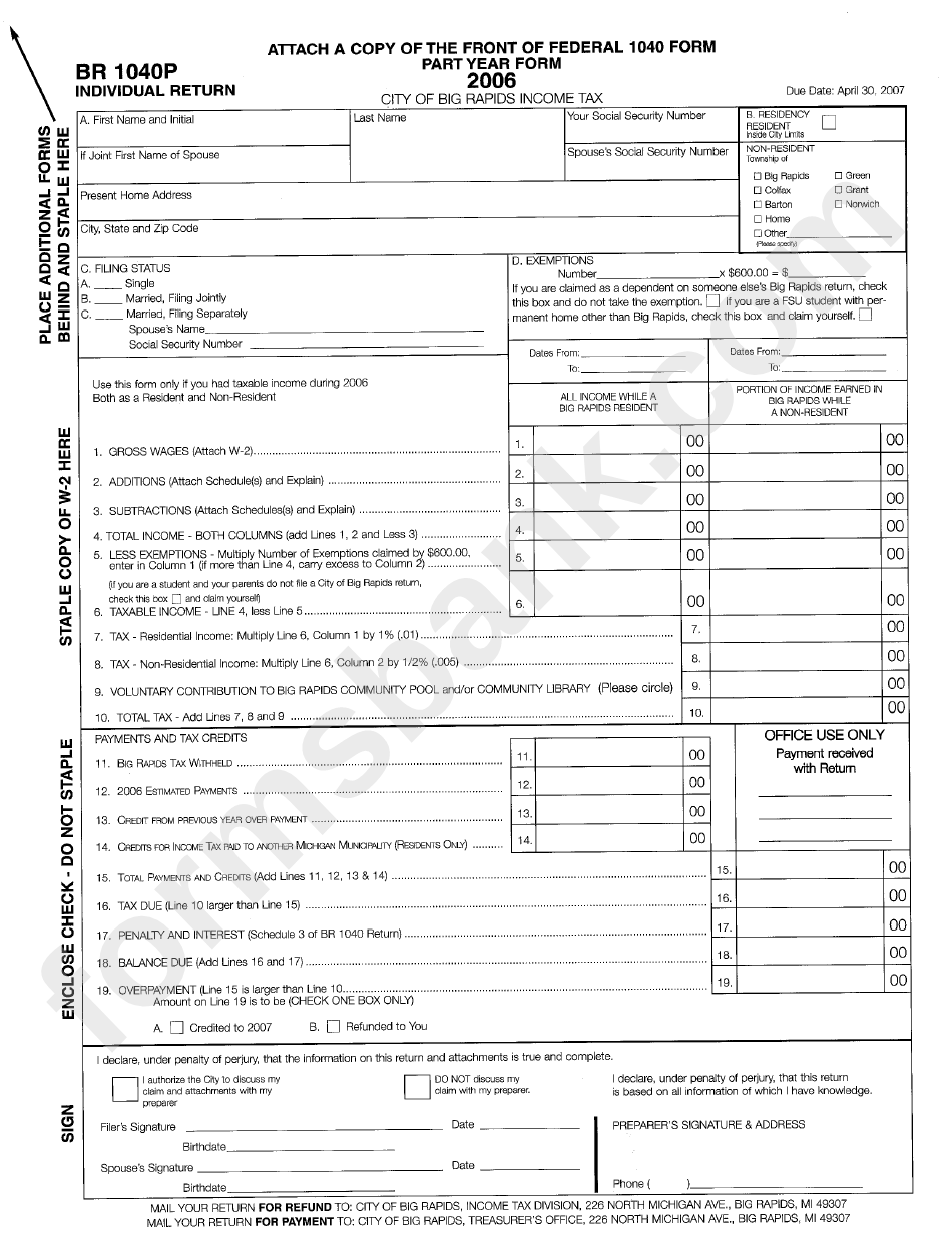 Form Br 1040p - Income Tax - City Of Big Rapids - 2006