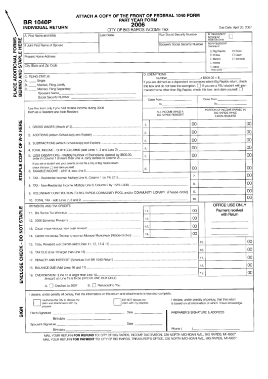Form Br 1040p - Income Tax - City Of Big Rapids - 2006 Printable pdf
