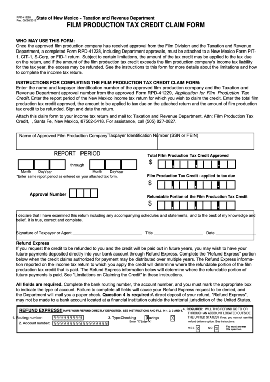 Form Rpd-41228 - Film Production Tax Credit Claim Form - State Of New Mexico Taxation And Revenue Department Printable pdf