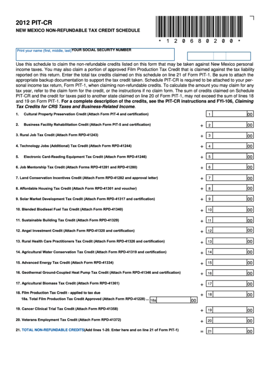 Form Pit-Cr - New Mexico Non-Refundable Tax Credit Shedule - 2012 Printable pdf