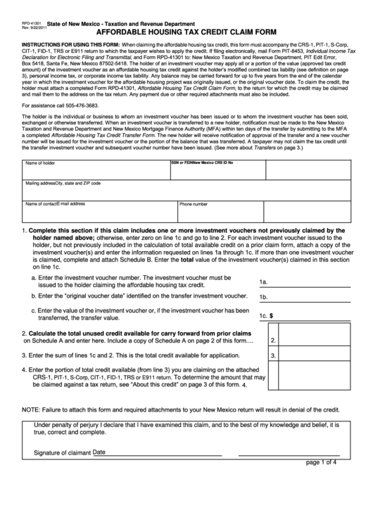 Form Rpd-41301 - Affordable Housing Tax Credit Claim Form - State Of New Mexico Taxation And Revenue Department Printable pdf