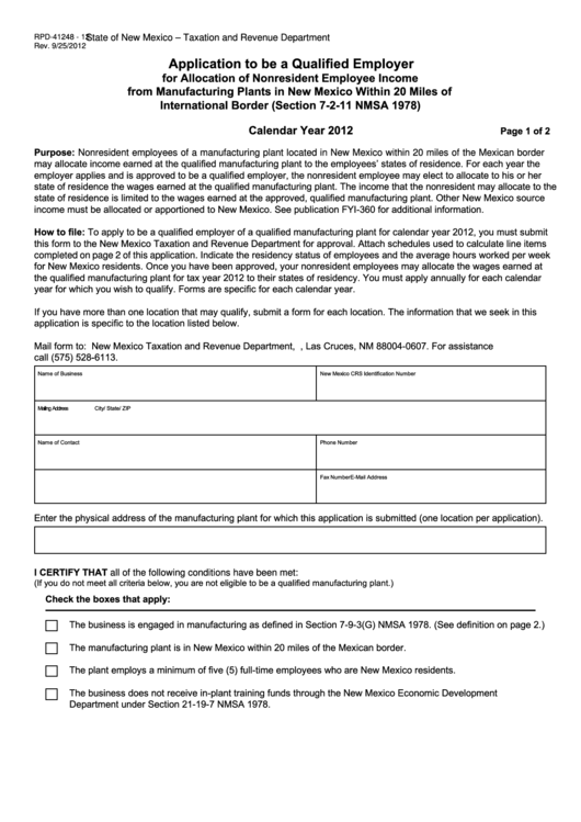 Form Rpd-41248-12 - Application To Be A Qualified Employer - State Of New Mexico Taxation And Revenue Department - 2012 Printable pdf