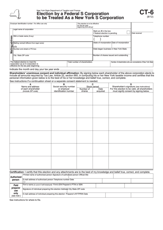 Fillable Form Ct-6 - Election By A Federal S Corporation To Be Treated As A New York S Corporation - New York State Department Of Taxation And Finance Printable pdf
