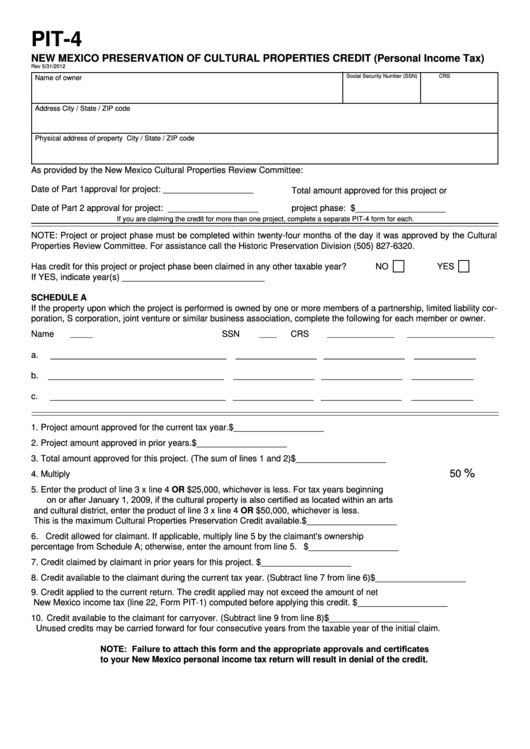 Form Pit-4 - New Mexico Preservation Of Cultural Properties Credit (Personal Income Tax) Printable pdf
