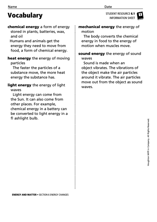 Vocabulary - Energy Changes Printable pdf