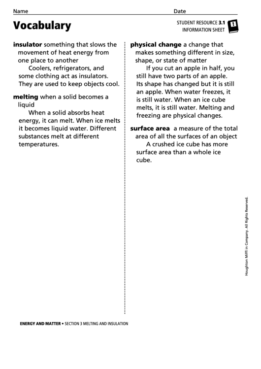 Vocabulary - Melting And Insulation Printable pdf