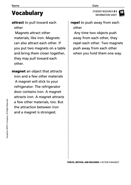 Vocabulary - Magnets Printable pdf
