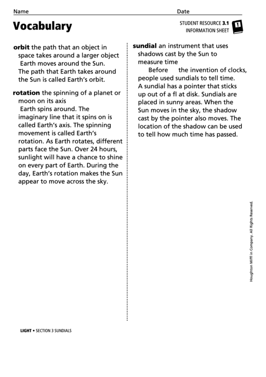 Vocabulary - Sundials Printable pdf