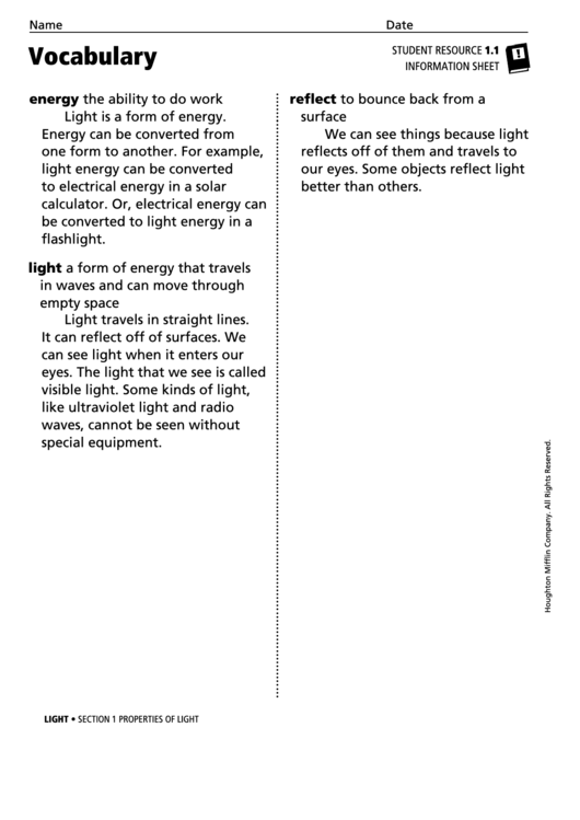 Vocabulary - Properties Of Light Printable pdf