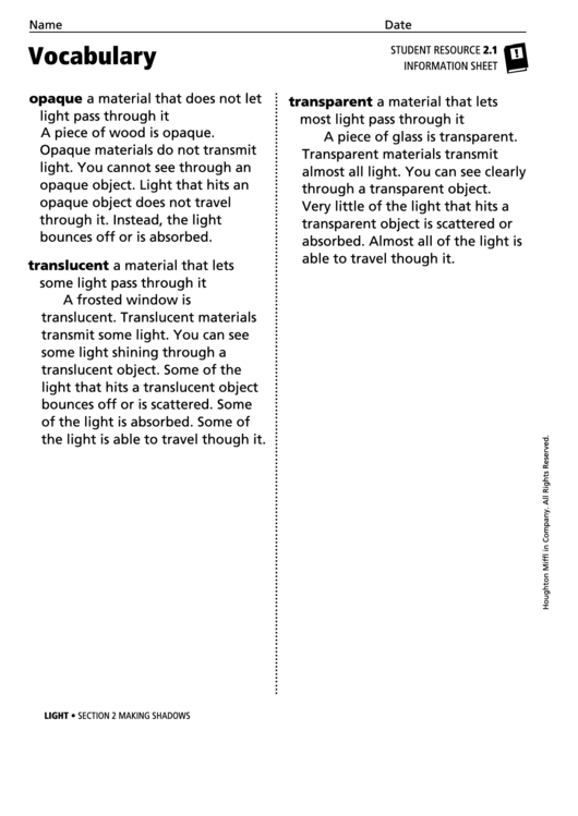 Vocabulary - Making Shadows Printable pdf