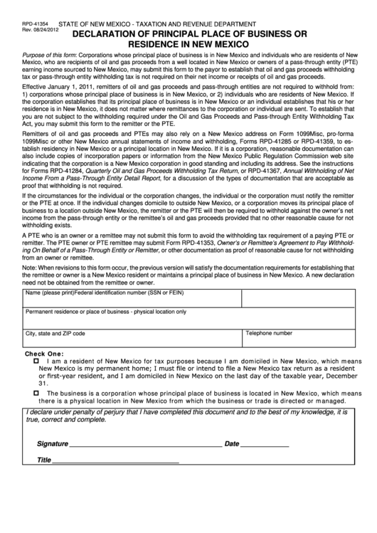 Form Rpd-41354 - Declaration Of Principal Place Of Business Or Residence In New Mexico Printable pdf