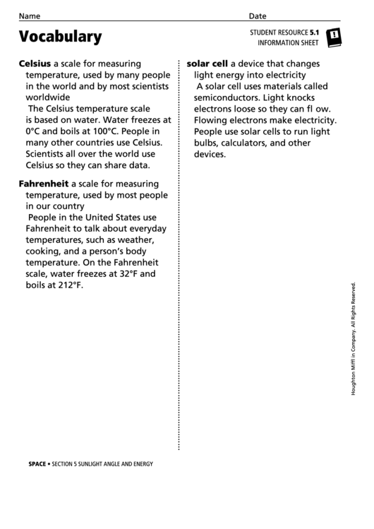 Vocabulary - Sunlight Angle And Energy Printable pdf