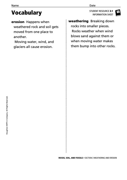 Vocabulary - Weathering And Erosion Printable pdf