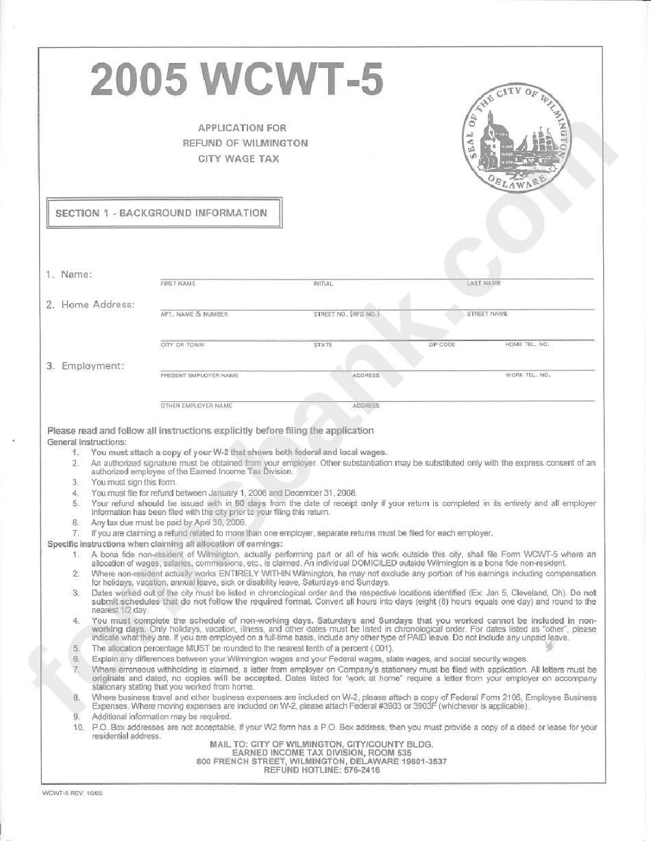 Form Wcwt-5 - Application For Refund Of Wilmington City Wage Tax - 2005