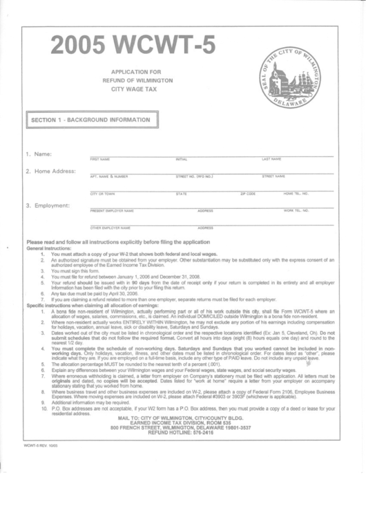 Form Wcwt-5 - Application For Refund Of Wilmington City Wage Tax - 2005 Printable pdf