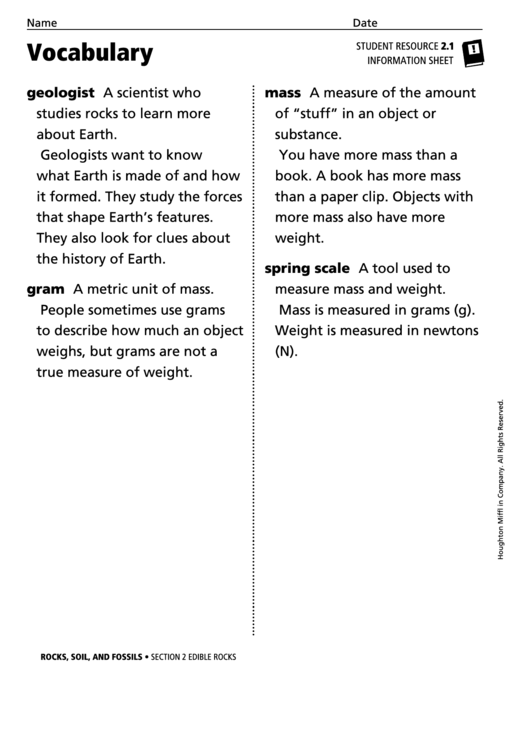 Vocabulary - Edible Rocks Printable pdf