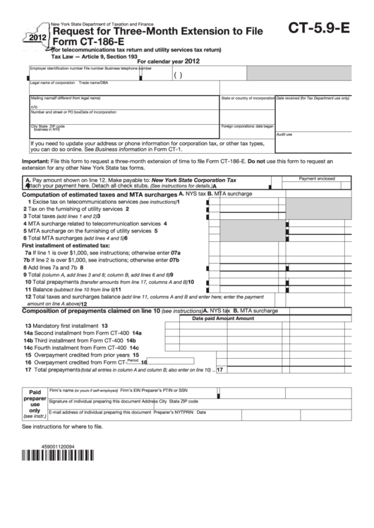 Form Ct-5.9-E - Request For Three-Month Extension To File Form Ct-186-E - New York State Department Of Taxation And Finance - 2012 Printable pdf