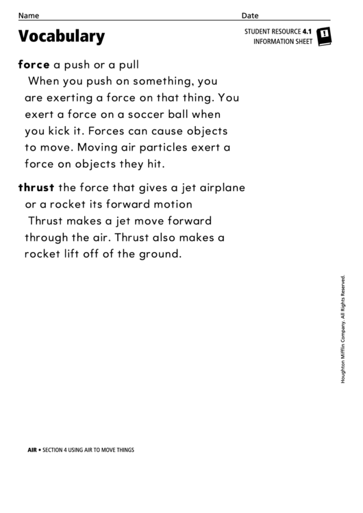 Vocabulary - Using Air To Move Things Printable pdf