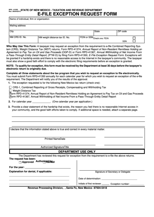 Form Rpd-41350 - E-file Exeption Request Form - State Of New Mexico Taxation And Revenue Department