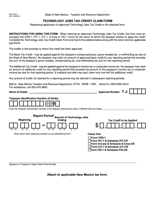 Form Rpd-41244 - Technology Jobs Tax Credit Claim Form - State Of New Mexico Taxation And Revenue Department Printable pdf