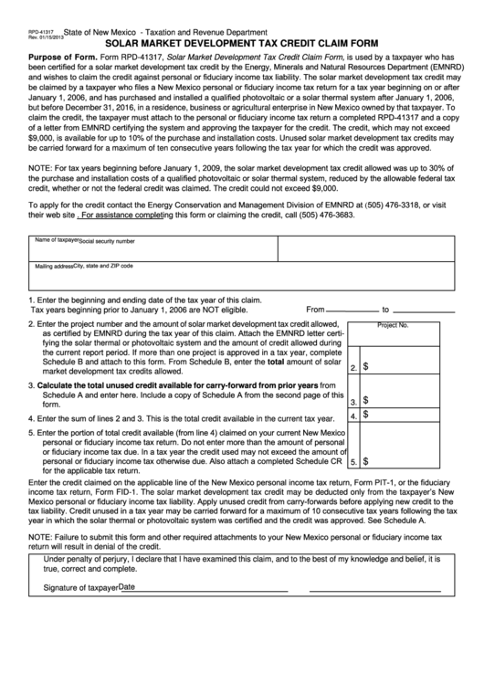 Form Rpd-41317 - Solar Market Development Tax Credit Claim Form - State Of New Mexico Taxation And Revenue Department Printable pdf