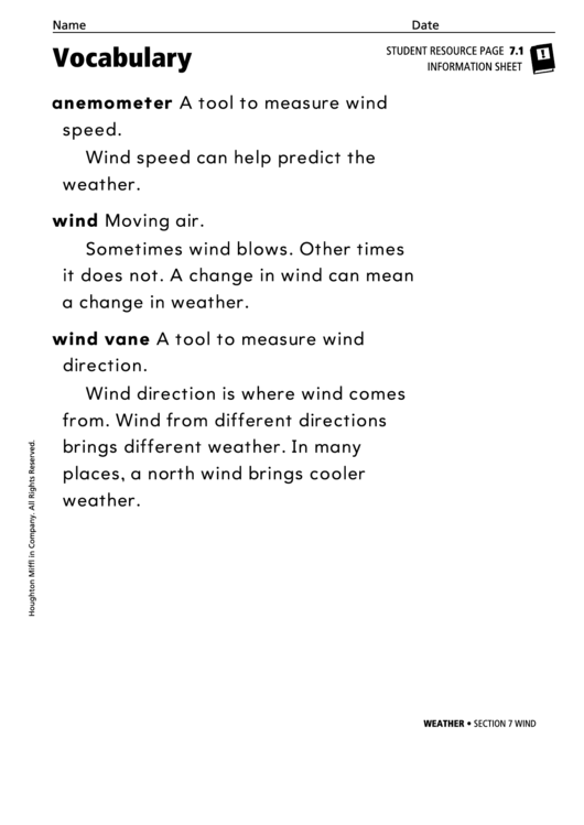 Vocabulary - Wind Printable pdf