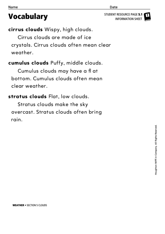 Vocabulary - Clouds Printable pdf