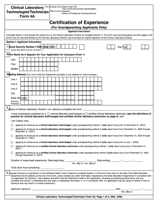 Clinical Laboratory Technologist/technician Form 4a - Certification Of Experience Printable pdf