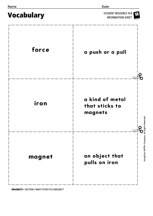 Vocabulary - What Sticks To A Magnet Printable pdf