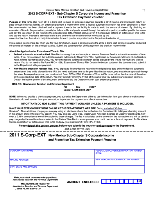 Form S-Corp-Ext - New Mexico Sub-Chapter S Corporate Income And Franchise Tax Extension Payment Voucher - 2011 Printable pdf