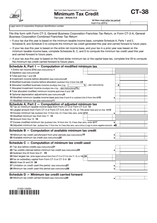 Form Ct-38 - Minimum Tax Credit - New York State Department Of Taxation And Finance - 2012 Printable pdf