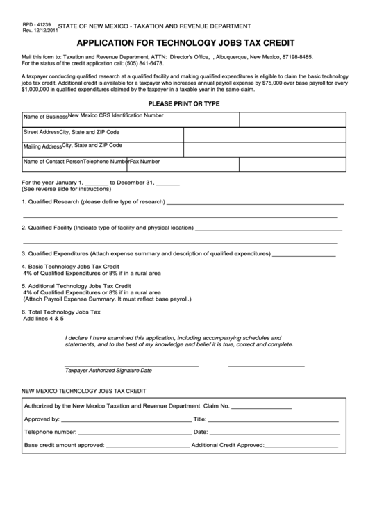 Form Rpd-41239 - Application For Technology Jobs Tax Credit - State Of New Mexico Taxation And Revenue Department Printable pdf