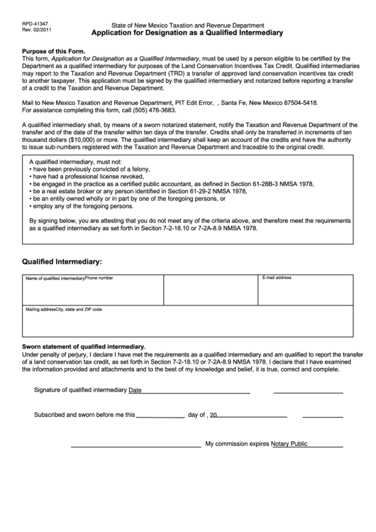Form Rpd-41347 - Application For Designation As A Qualified Intermediary - State Of New Mexico Taxation And Revenue Department Printable pdf