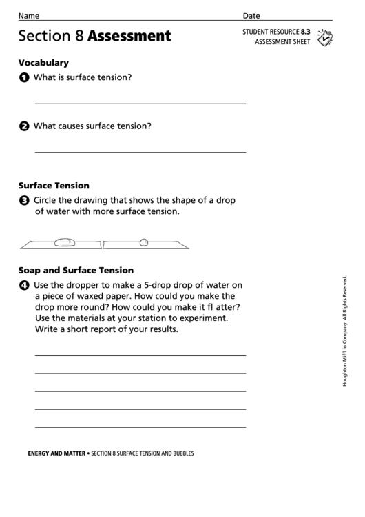Energy And Matter Assessment Sheet Printable pdf