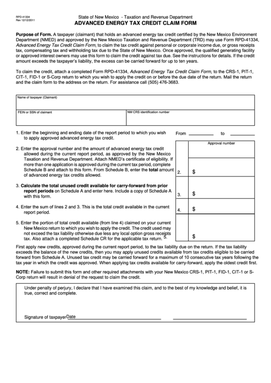 Form Rpd-41334 - Advanced Energy Tax Credit Claim Form - State Of New Mexico Taxation And Revenue Department Printable pdf