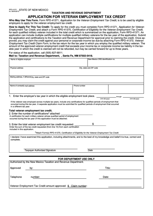 Form Rpd-41371 - Application For Veteran Employment Tax Credit - State Of New Mexico Taxation And Revenue Department Printable pdf