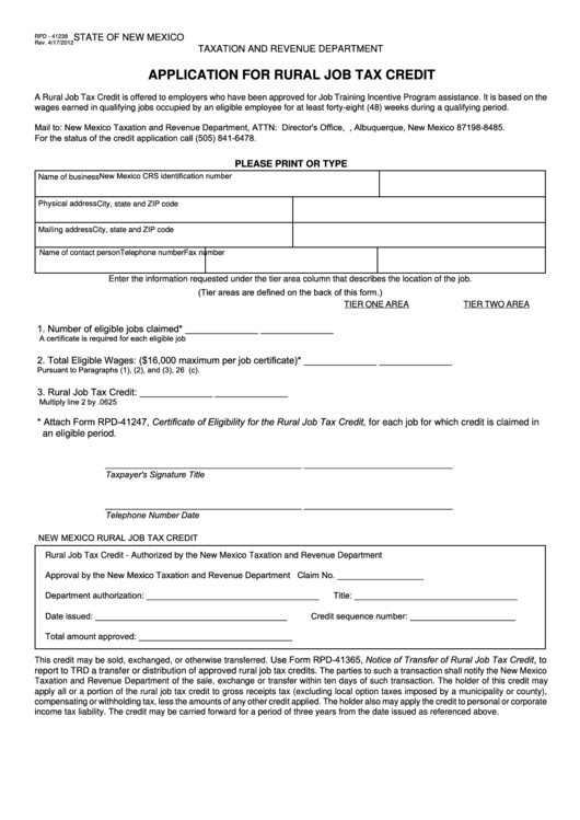 Form Rpd-41238 - Application For Rural Job Tax Credit - State Of New Mexico Taxation And Revenue Department Printable pdf