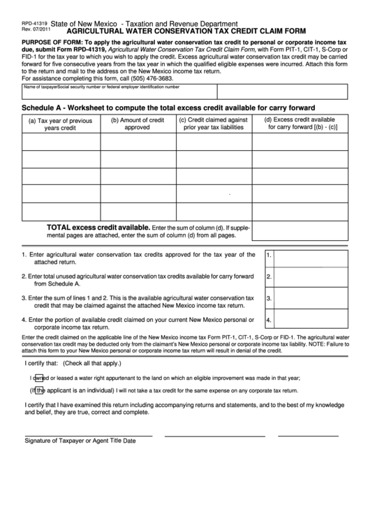 Form Rpd-41319 - Agricultural Water Conservation Tax Credit Claim Form - State Of New Mexico Taxation And Revenue Department Printable pdf