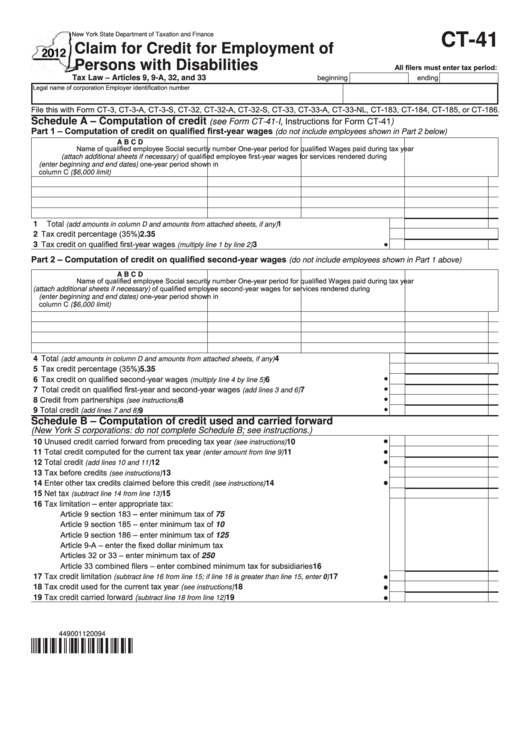 Form Ct-41 - Claim For Credit For Employment Of Persons With Disabilities - New York State Department Of Taxation And Finance - 2012 Printable pdf